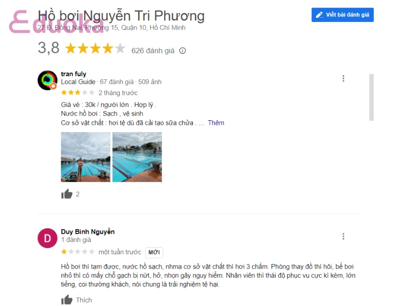 Đánh giá của khách hàng về Hồ Bơi Nguyễn Tri Phương