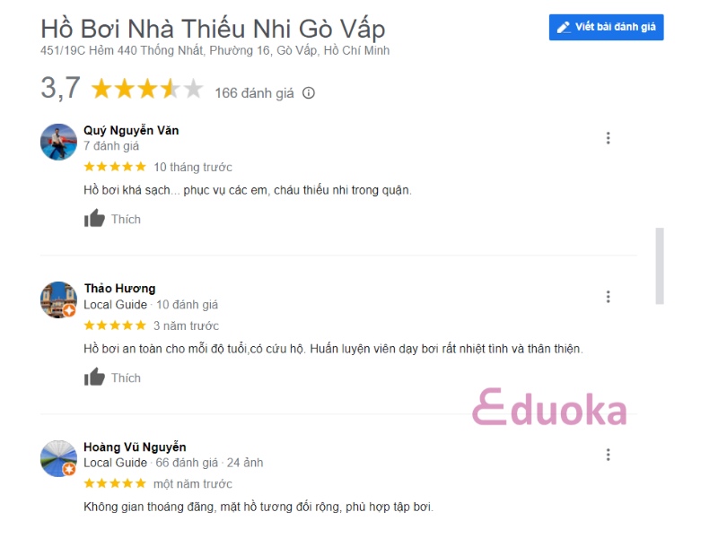 Nhận xét của khách hàng về Hồ bơi nhà văn hóa thiếu nhi 1/6 Quận Gò Vấp