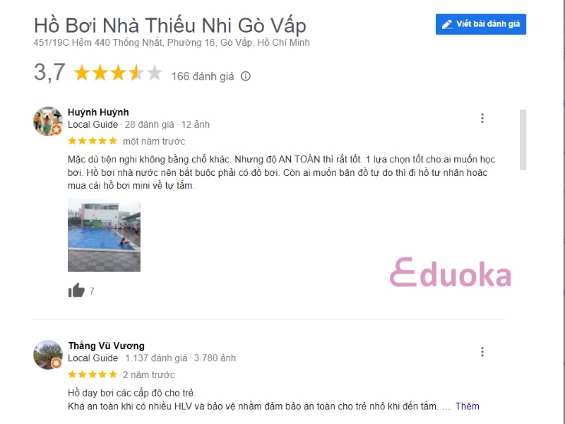 Nhận xét của khách hàng về Hồ bơi nhà văn hóa thiếu nhi 1/6 Quận Gò Vấp