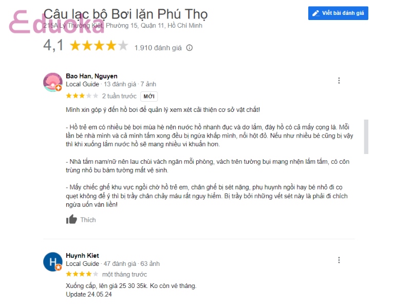 Đánh giá của khách hàng về Hồ Bơi Phú Thọ