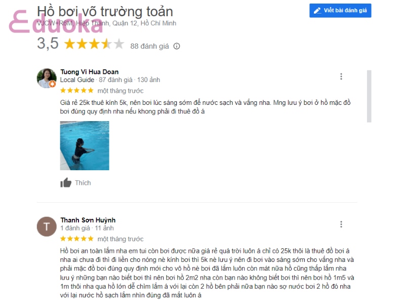 Đánh giá của khách hàng về Hồ Bơi Võ Trường Toản