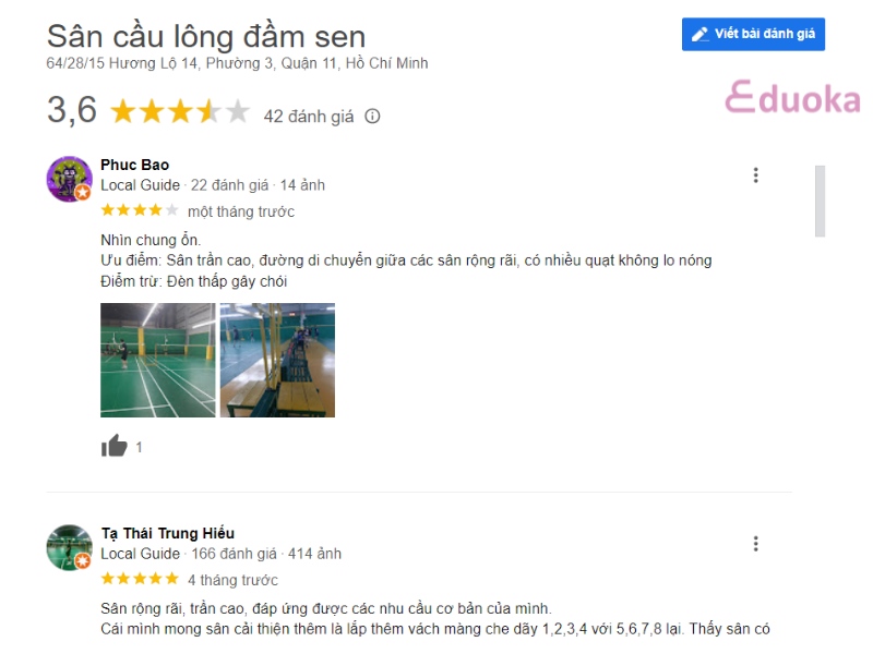 Review của các vợt thủ về sân cầu lông Sân cầu lông Đầm Sen