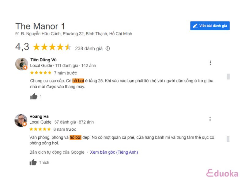 Đánh giá của khách hàng về Hồ bơi The Manor 1