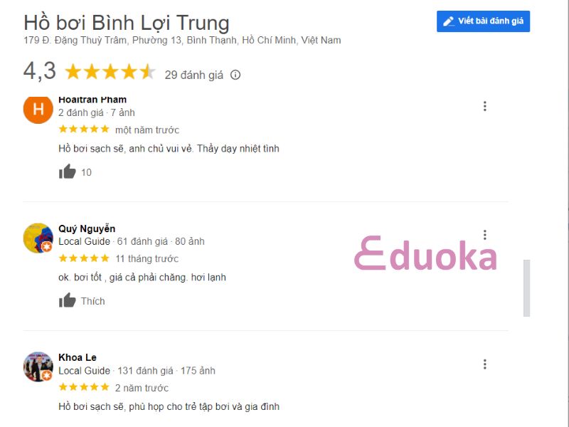 Đánh giá của khách hàng về Hồ bơi Bình Lợi Trung