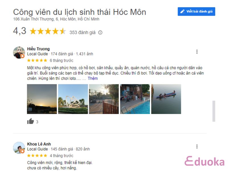 Đánh giá của khách hàng về Hồ Bơi Công viên du lịch sinh thái Hóc Môn Hóc Môn