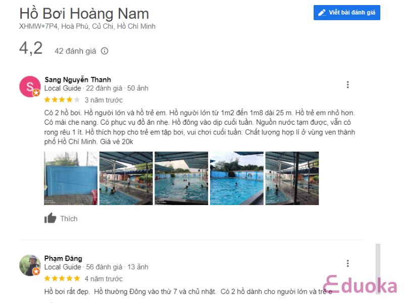 Đánh giá của khách hàng về Hồ Bơi Hoàng Nam