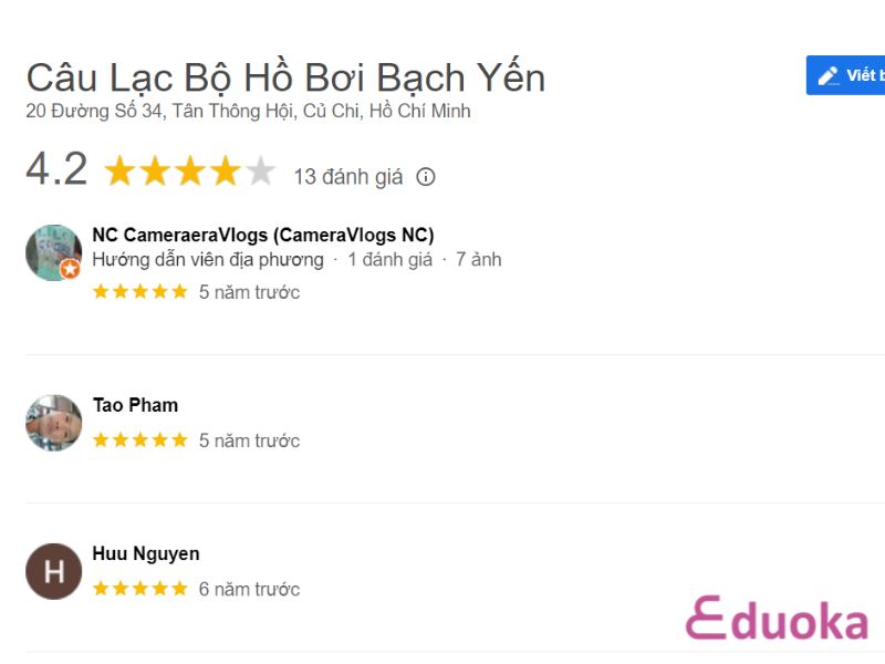 Review của khách hàng về Câu Lạc Bộ Hồ Bơi Bạch Yến