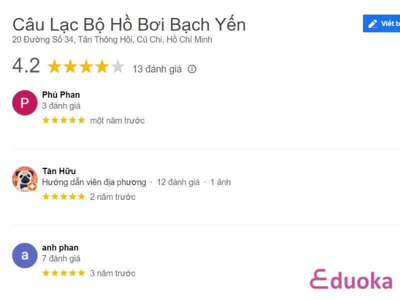 Review của khách hàng về Câu Lạc Bộ Hồ Bơi Bạch Yến