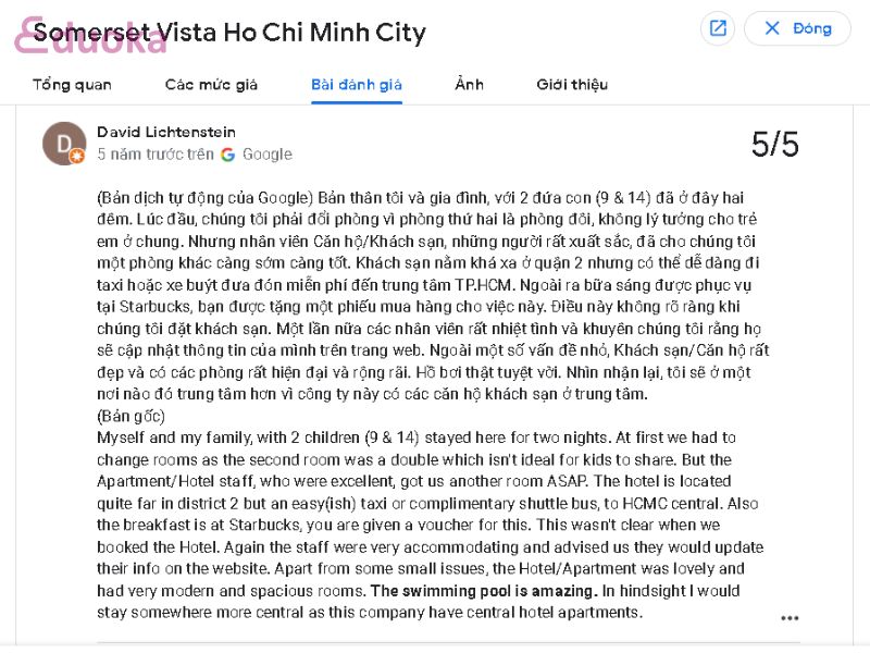 Đánh giá của khách hàng về Hồ Bơi Somerset Vista Ho Chi Minh City