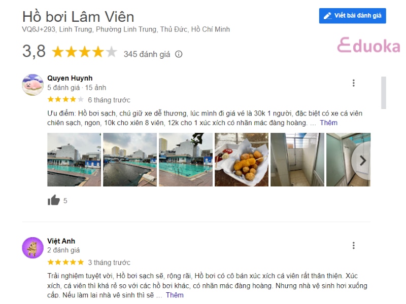 Nhận xét của khách hàng về Hồ Bơi Lâm Viên