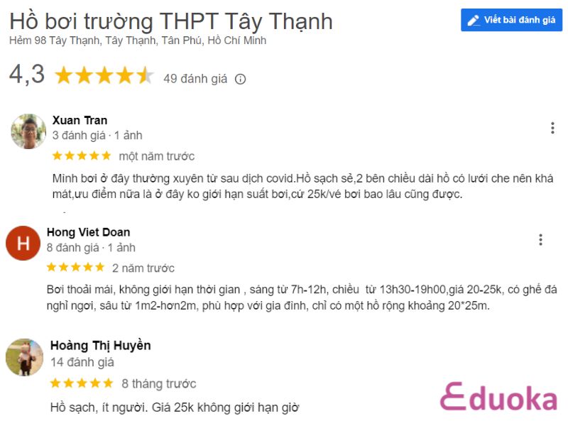 Đánh giá của Khách hàng về Hồ bơi trường THPT Tây Thạnh