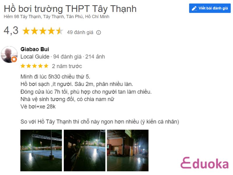 Đánh giá của Khách hàng về Hồ bơi trường THPT Tây Thạnh