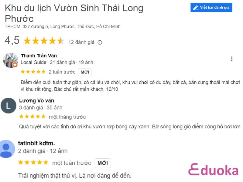 Review của khách hàng về Hồ Bơi Khu Du Lịch Nhà Vườn Long Phước Quận 9