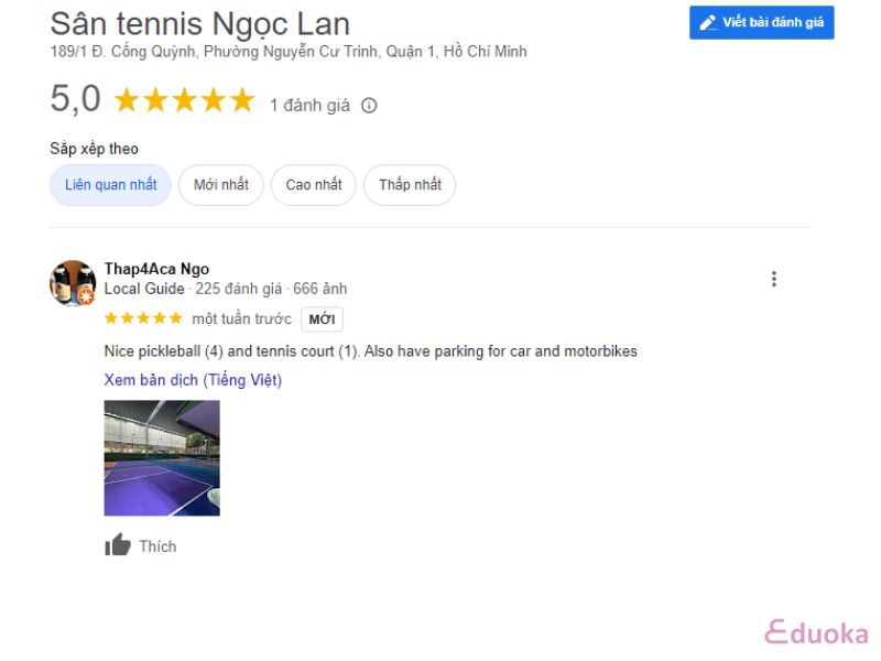 Đánh giá của khách hàng về Sân Tennis Ngọc Lan