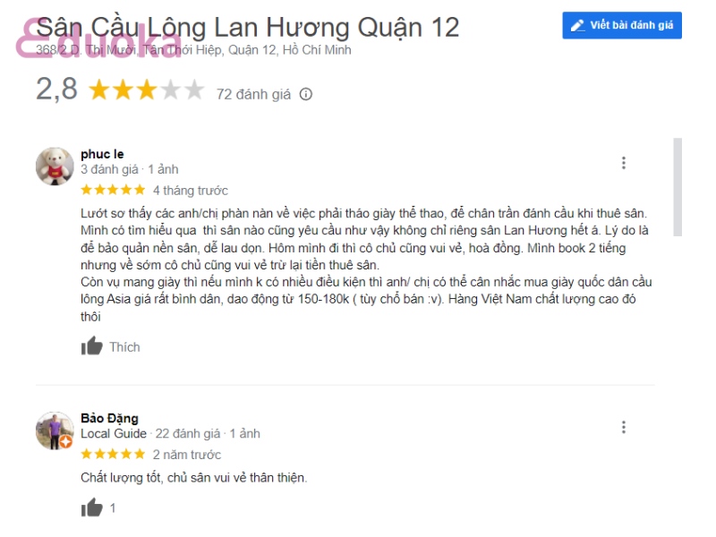 Đánh giá từ người chơi về sân cầu lông lan hương