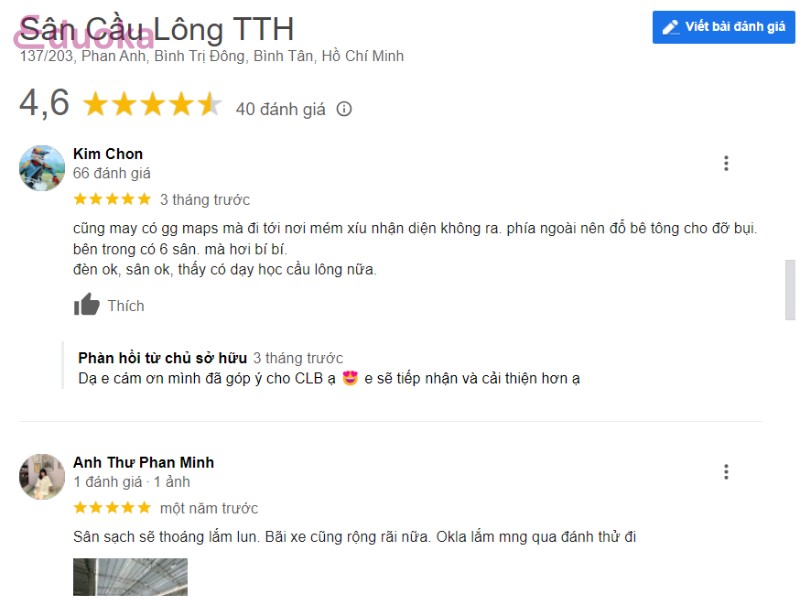 Cảm nhận dành cho Sân Cầu Lông TTH