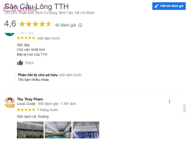 Cảm nhận dành cho Sân Cầu Lông TTH