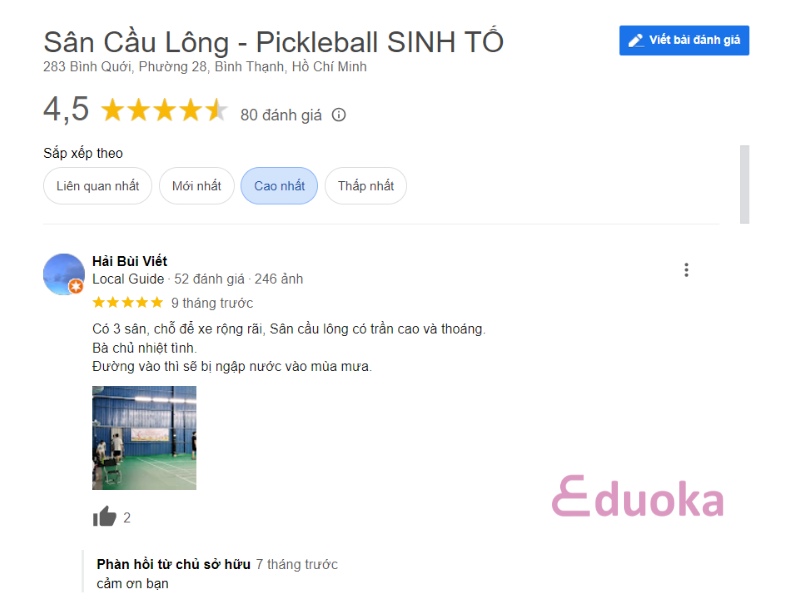 Đánh giá của các vợt thủ về sân cầu lông Sinh Tố