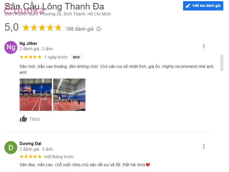 Đánh giá từ các vợt thủ về Sân Cầu Lông Thanh Đa