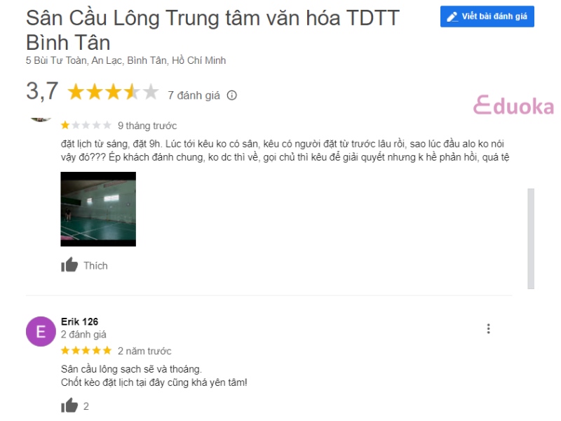 Đánh giá của các vợt thủ về sân cầu lông Trung tâm văn hóa TDTT Bình Tân