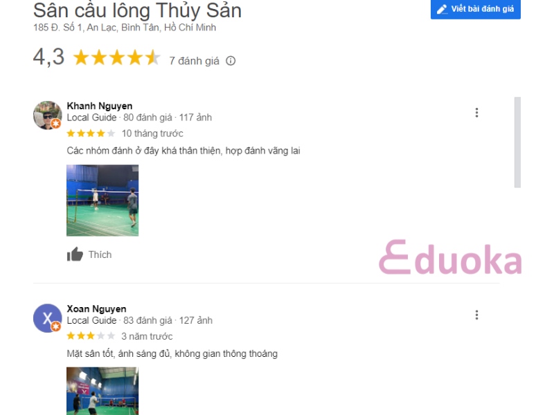 Đánh giá dành cho sân cầu lông Thuỷ Sản