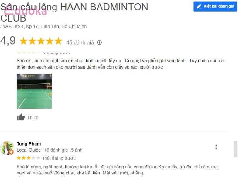 Nhận xét dành cho Sân cầu lông HAAN BADMINTON CLUB