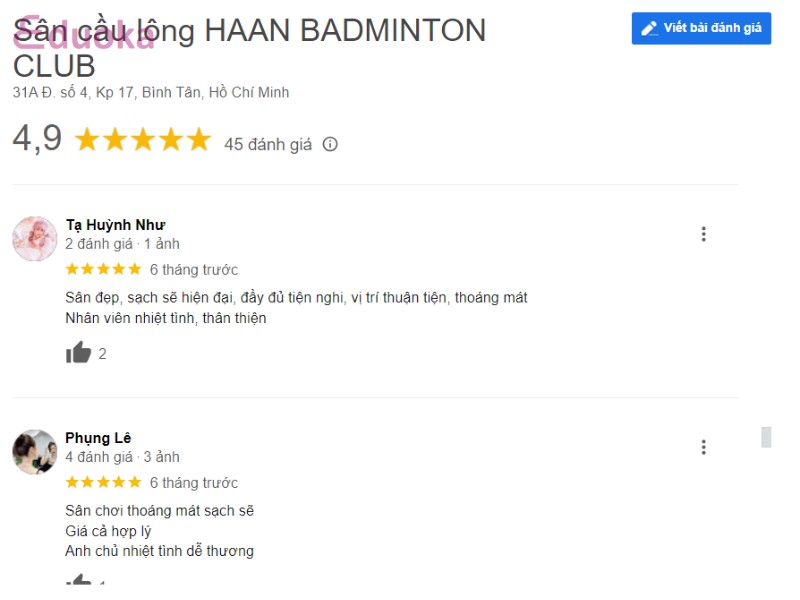 đánh giá dành cho Sân cầu lông HAAN BADMINTON CLUB