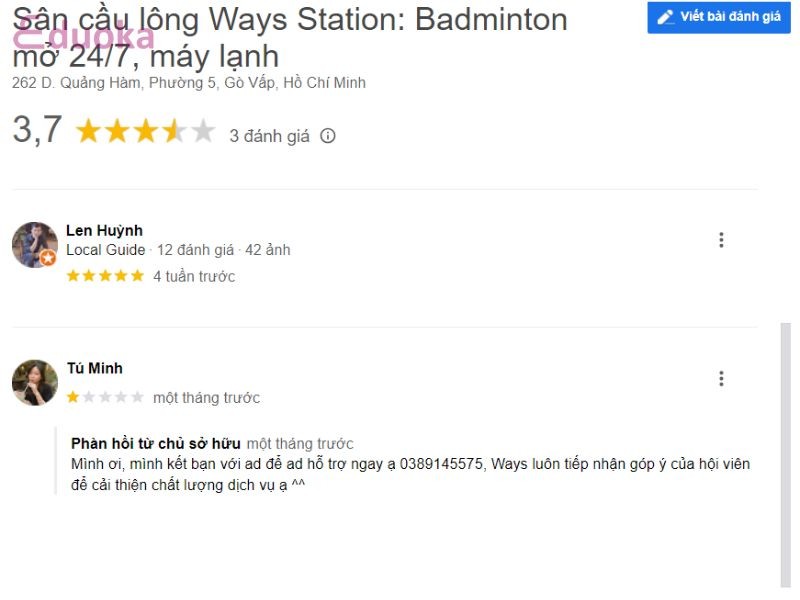 Review từ các vợt thủ về Sân cầu lông Ways Station