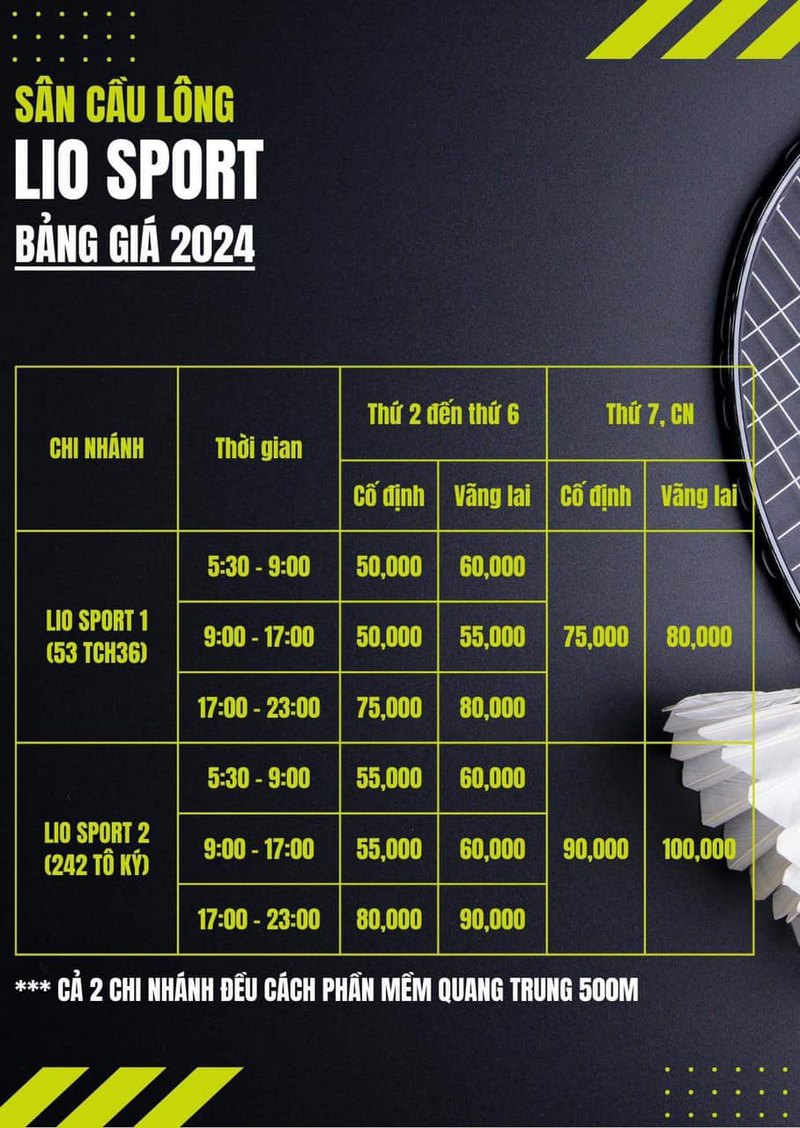 Mức giá ở Sân cầu lông LIO SPORT 2