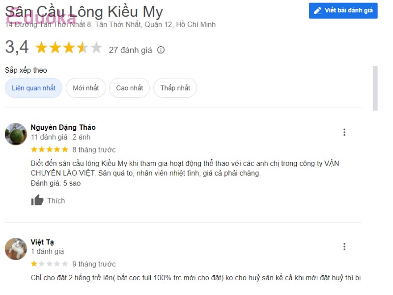 Nhận xét về Sân Cầu Lông Kiều My