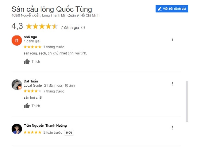 Nhận xét của người chơi về sân cầu lông Quốc Tùng