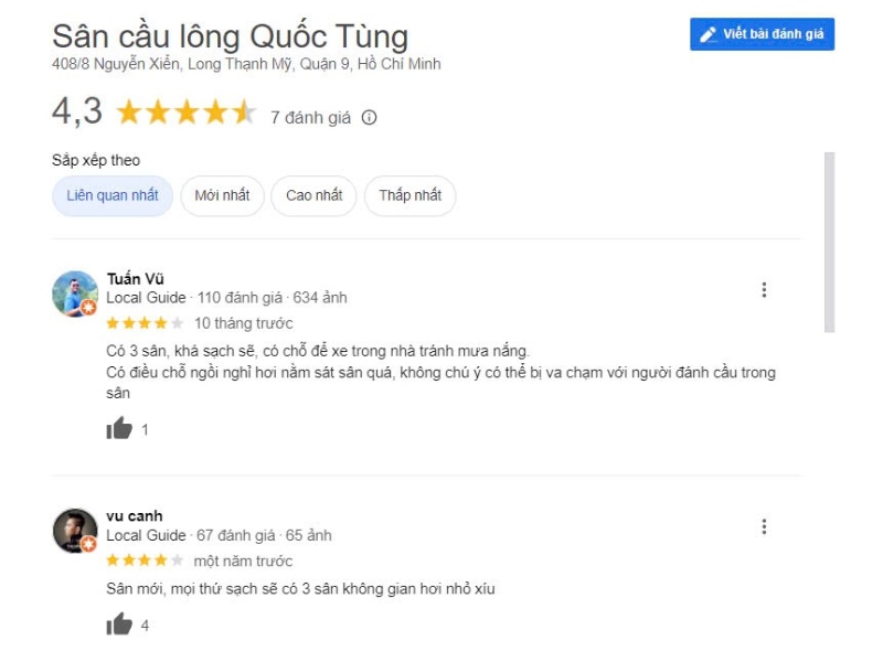 Đánh giá của người chơi về sân cầu lông Quốc Tùng