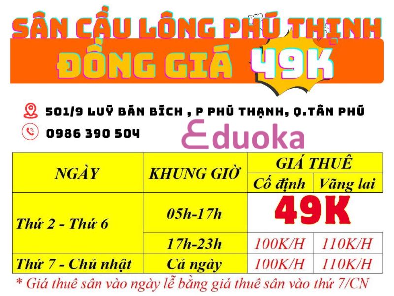 Giá cả thuê Sân cầu lông Phú Thịnh