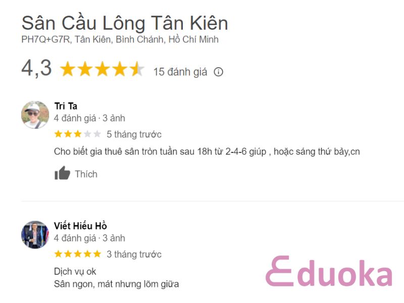 Đánh Giá Của Khách Hàng Tại Sân Cầu Lông Tân Kiên 