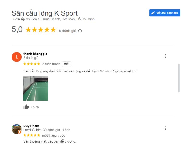 Đánh giá của các vợt thủ về Sân cầu lông K Sport