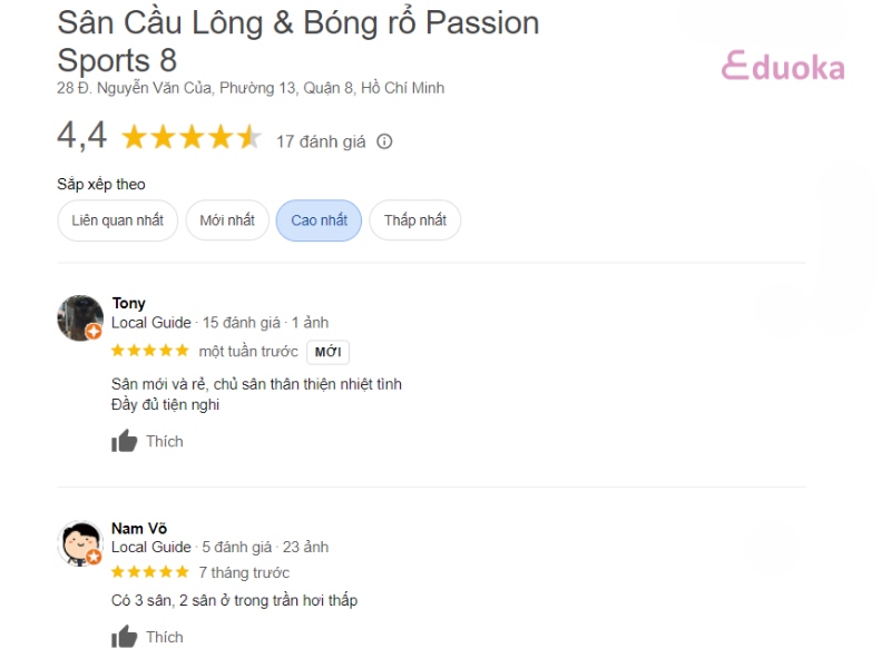 Đánh giá của người chơi về sân cầu lông Passion Sports 8