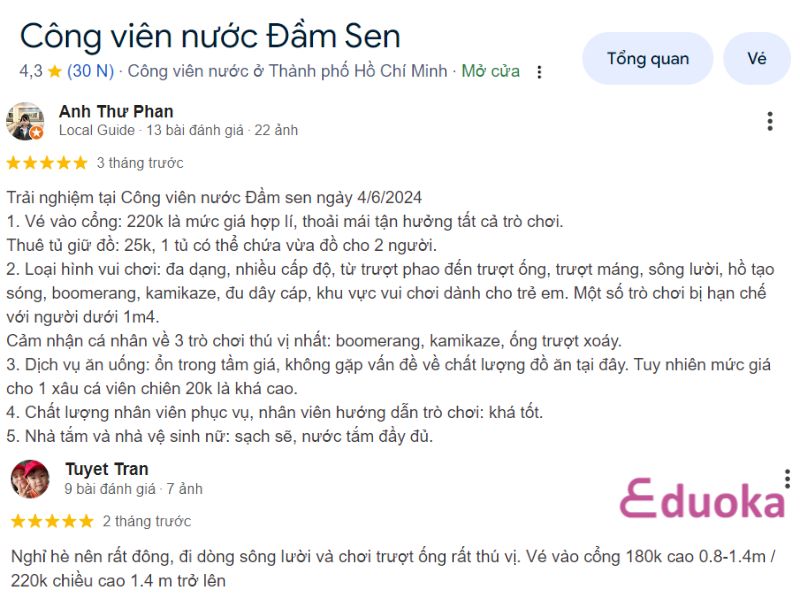 Đánh giá của khách hàng về Bể Bơi Tại Công Viên Nước Đầm Sen Quận 11