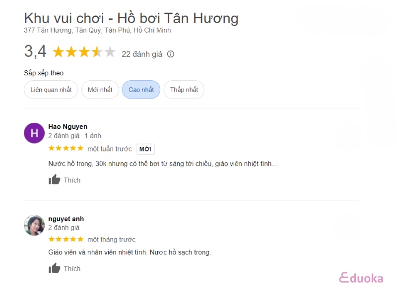 Nhận xét của khách hàng về Hồ Bơi Tân Hương