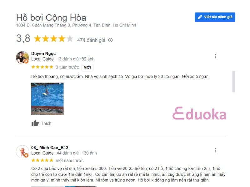 Nhận xét của khách hàng về hồ bơi Cộng Hòa