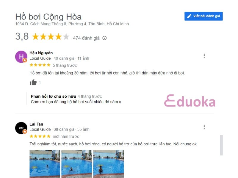 Một số đánh giá của khách hàng về hồ bơi Cộng Hòa