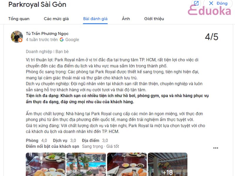 Đánh giá của Khách hàng về Hồ bơi khách sạn Park Royal Tân Bình