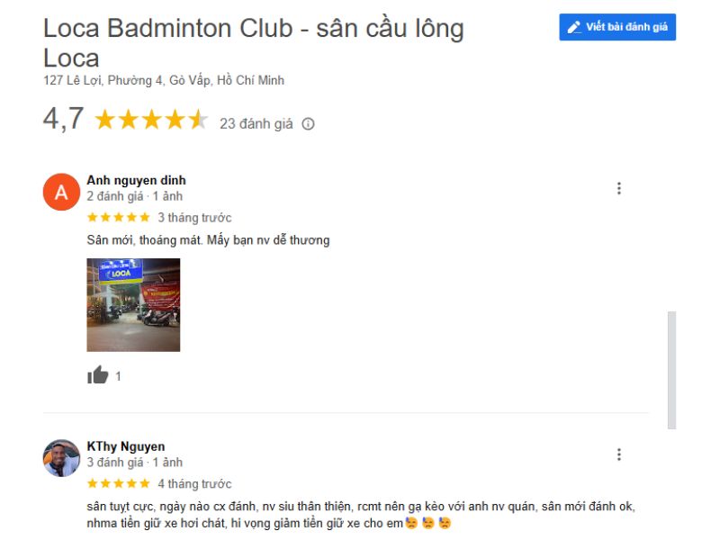 Đánh giá của khách hàng về sân cầu lông Loca