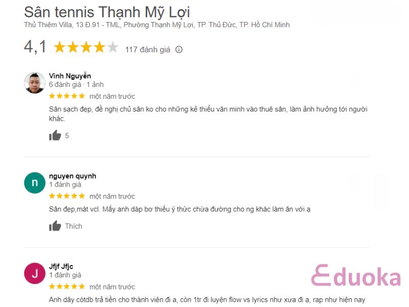 Đánh giá của khách hàng về sân Tennis Thạnh Mỹ Lợi