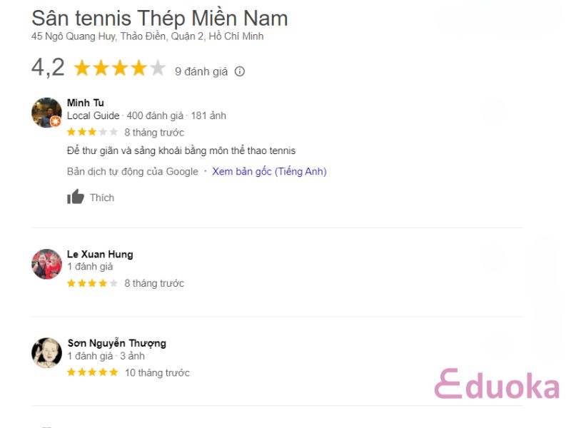 Đánh giá của khách hàng về Sân tennis Thép Miền Nam