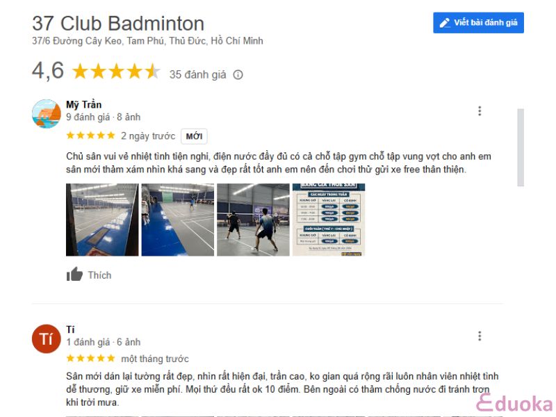 Đánh giá của khách hàng về sân cầu lông 37 Club Badminton