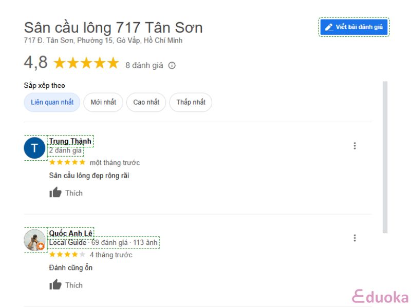 Đánh giá từ khách hàng về sân cầu lông 717 Tân Sơn