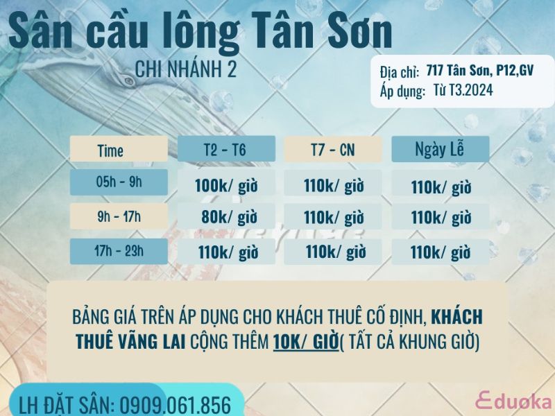 Chi phí chơi cầu lông tại sân cầu lông tân sơn CN2