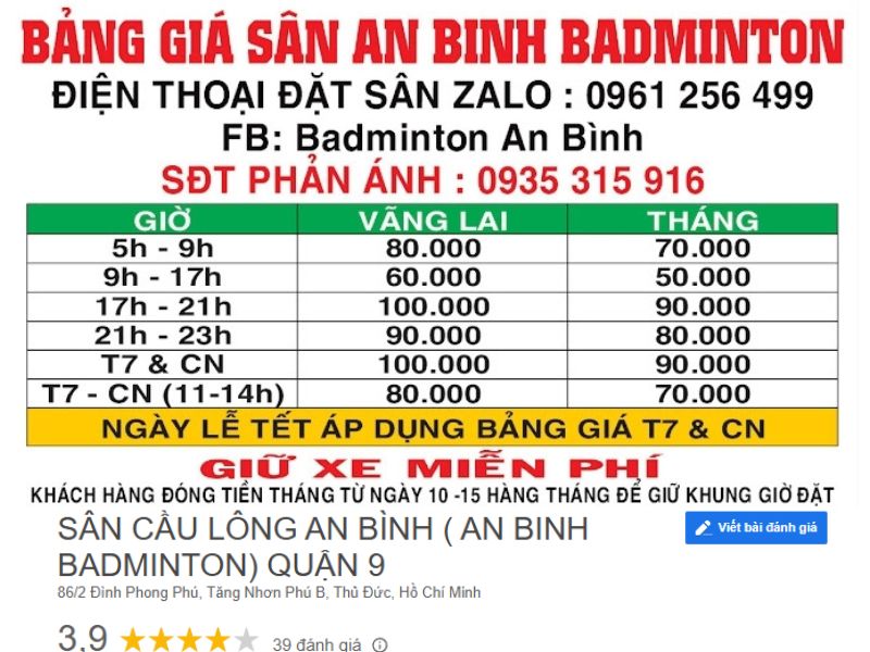 Chi phí thuê sân tại An Bình Badminton