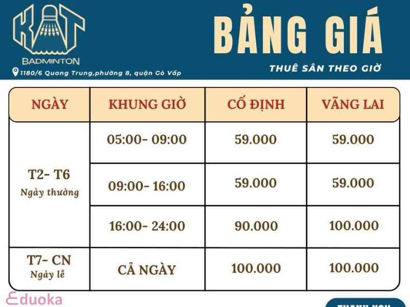 Chi phí thuê sân cầu lông KAT Badminton