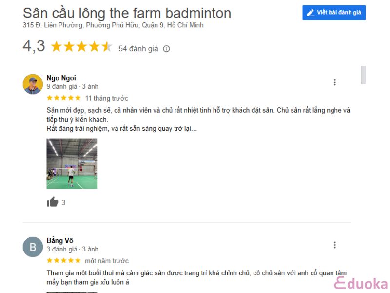 Đánh giá của khách hàng về sân The Farm Badminton